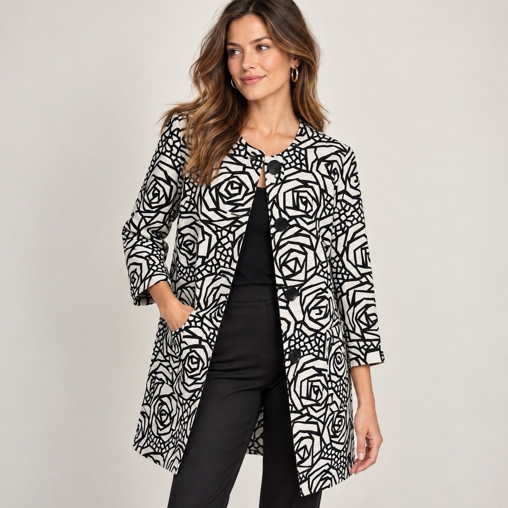 Jones Wear Women's S Black Ivory Rose Floral Long Jacket Blazer Statement Career